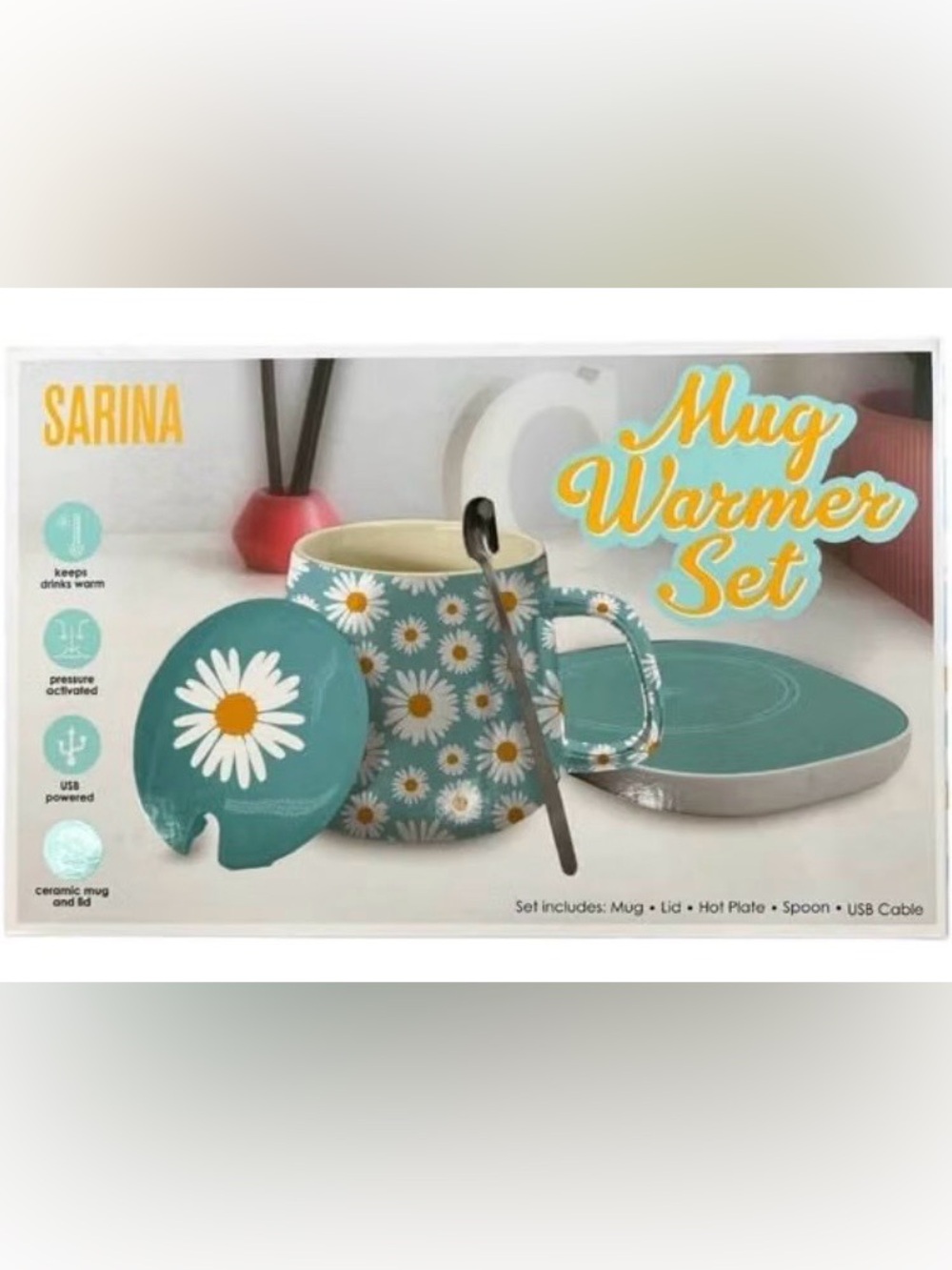Sarina Teal Daisy Mug Warmer Set with Lid & Spoon